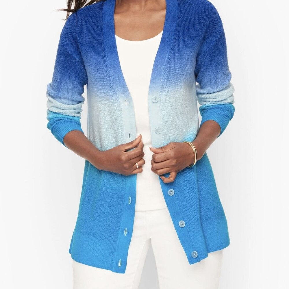 Talbots Girlfriend Cardigan Womens Large Blue Dip Dye Long Sleeve Button Front